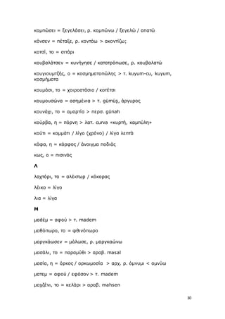 30
κομπώσει = ξεγελάσει, ρ. κομπώνω / ξεγελώ / απατώ
κόνσεν = πέταξε, ρ. κοντάω > ακοντίζω;
κοτσί, το = σιτάρι
κουβαλάτσεν = κυνήγησε / κατατρόπωσε, ρ. κουβαλατώ
κουγιουμτζής, ο = κοσμηματοπώλης > τ. kuyum-cu, kuyum,
κοσμήματα
κουμάσι, το = χοιροστάσιο / κοτέτσι
κουμουσώνα = ασημένια > τ. gümüş, άργυρος
κουνάχι, το = αμαρτία > περσ. günah
κούρβα, η = πόρνη > λατ. curva «κυρτή, καμπύλη»
κούτι = κομμάτι / λίγο (χρόνο) / λίγα λεπτά
κόφα, η = κόρφος / άνοιγμα ποδιάς
κως, ο = πισινός
Λ
λαχτόρι, το = αλέκτωρ / κόκορας
λέικο = λίγο
λια = λίγα
Μ
μαdέμ = αφού > τ. madem
μαθόπωρο, το = φθινόπωρο
μαργκάωσεν = μάλωσε, ρ. μαργκαώνω
μασάλι, το = παραμύθι > αραβ. masal
μασία, η = όρκος / ορκωμοσία > αρχ. ρ. όμνυμι < ομνύω
ματεμ = αφού / εφόσον > τ. madem
μαχζένι, το = κελάρι > αραβ. mahsen
 