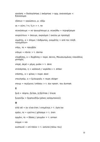 32
νανόστε = διαλογίστηκε / σκέφτηκε > αρχ. ανανοούμαι <
διανοούμαι
νάσουν = οργώσουν, ρ. νάζω
νε = ούτε / τι / ό,τι > τ. ne
νεγκώσουμε = να τριγυρίσουμε ρ. νεγκώθω = περιφέρομαι
νεκρούτουν = άκουγε, ακροώμαι / ακούω με προσοχή
νομάτης, ο = άτομο / άνθρωπος, ονομάτης > από τον πληθ.
«ονομάτων»
ντάγι, το = τσουβάλι
ντάιμα = πάντα > τ. daima
ντερβίσης, ο = δερβίσης > περσ. dervis, Μουσουλμάνος πλανόδιος
μοναχός
ντερέ, dερέ = ρέμα, ρυάκι > τ. dere
ντιλπέρτσα, η = καλλονή / νεράιδα > τ. dilber
ντόστης, ο = φίλος > περσ. dost
ντουλγκέρ, ο = ξυλουργός > περσ. dülger
ντουρ = περίμενε / στάσου > τ. dur προστ. του durmak
Ξ
ξειά = πέφτει, ξείλσε, (ε)ξείλτσε / έπεσε
ξυγανίζω = ξεφλουδίζω (ρόκες καλαμποκιού)
Ο
οϊλέ ισέ = αν είναι έτσι / επομένως > τ. öyle ise
οράνι, το = ερείπιο / χάλασμα > τ. ören
ορμάνι, το = δάσος / ρουμάνι > τ. orman
ούμμα = ναι
ουστουνέ = επί πλέον > τ. üstüne (πάνω του)
 