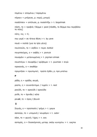 34
πομένω = απομένω / παραμένω
πόρκεν = μπόρεσε, ρ. πορώ, μπορώ
ποσάλτσεν = απόλυσε, ρ. ποσαλτίζω > τ. boşalmak
πόστι, το = προβιά / δέρμα > post [πόσθη, το δέρμα που περιβάλει
το πέος]
πότς; πο; = τί;
που γερέ = σε τέτοια θέση > τ. bu yere
πουά = πολλά (για τα τρία γένη)
πουλπούλι, το = αηδόνι > περσ. bülbül
πουρτσούχος, ο = ασβός > τ. porsuk
πουσμάνι = μετανιωμένος > τ. pişman olmak
πουστιέγω = λουφάζω / κρύβομαι > τ. pusmak = σιγώ
πρακανάς, ο = σκαθάρι
προμπήσει = πρωτομπεί, πρώτο έρθει, ρ. προ μπαίνω
Ρ
ράδα, η = αράδα, σειρά,
ραστα, η = συναπάντημα / τυχαίο > τ. rast
ρκούδι, το = αρκούδι / αρκούδα
ρνίθι, το = όρνιθα / κότα
ρουσί, το = όρος / βουνό
Σ
Σαγιάς, ο = προστασία / φήμη > τ. şayıa
σαπούρι, το = υπομονή / κουράγιο > τ. sabιr
σάσι, το = φωνή / ήχος > τ. ses
σατσμάς, ο = διασκόρπιση, μεταφ. σκάγι κυνηγίου > τ. saçma
 