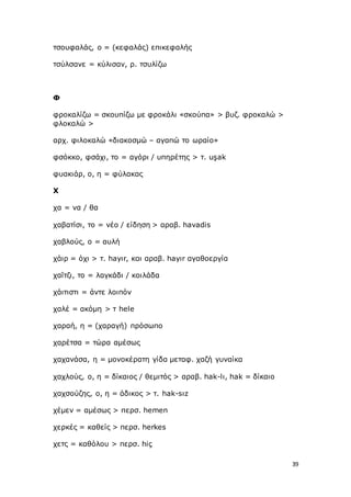 39
τσουφαλάς, ο = (κεφαλάς) επικεφαλής
τσύλσανε = κύλισαν, ρ. τσυλίζω
Φ
φροκαλίζω = σκουπίζω με φροκάλι «σκούπα» > βυζ. φροκαλώ >
φλοκαλώ >
αρχ. φιλοκαλώ «διακοσμώ – αγαπώ το ωραίο»
φσόκκο, φσάχι, το = αγόρι / υπηρέτης > τ. uşak
φυακιάρ, ο, η = φύλακας
Χ
χα = να / θα
χαβατίσι, το = νέο / είδηση > αραβ. havadis
χαβλούς, ο = αυλή
χάιρ = όχι > τ. hayιr, και αραβ. hayιr αγαθοεργία
χαΐτζι, το = λαγκάδι / κοιλάδα
χάιτιστι = άντε λοιπόν
χαλέ = ακόμη > τ hele
χαραή, η = (χαραγή) πρόσωπο
χαρέτσα = τώρα αμέσως
χαχανάσα, η = μονοκέρατη γίδα μεταφ. χαζή γυναίκα
χαχλούς, ο, η = δίκαιος / θεμιτός > αραβ. hak-lı, hak = δίκαιο
χαχσούζης, ο, η = άδικος > τ. hak-sız
χέμεν = αμέσως > περσ. hemen
χερκές = καθείς > περσ. herkes
χετς = καθόλου > περσ. hiç
 