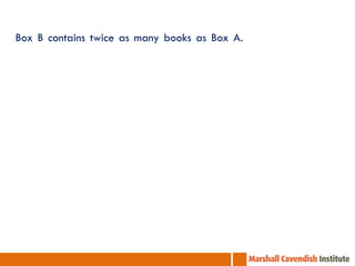 Box B contains twice as many books as Box A. Box C contains 20
more books than Box A. Together, the three boxes contains 116
books.

 