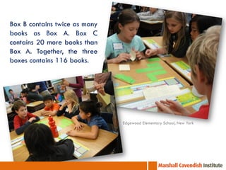 Box B contains twice as many
books as Box A. Box C
contains 20 more books than
Box A. Together, the three
boxes contains 116 books.

Edgewood Elementary School, New York

 