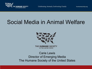 Social Media in Animal Welfare
Carie Lewis
Director of Emerging Media
The Humane Society of the United States
 