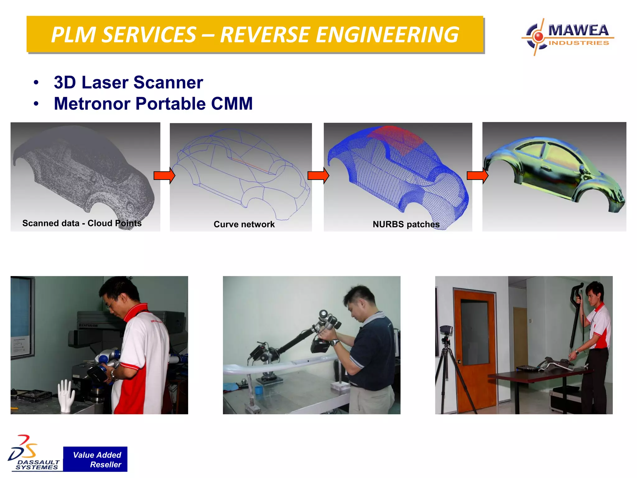 PLM SERVICES – REVERSE ENGINEERING
  Reverse Engineering

  • 3D Laser Scanner
  • Metronor Portable CMM




Scanned data - Cloud Points   Curve network   NURBS patches




           Value Added
               Reseller
 