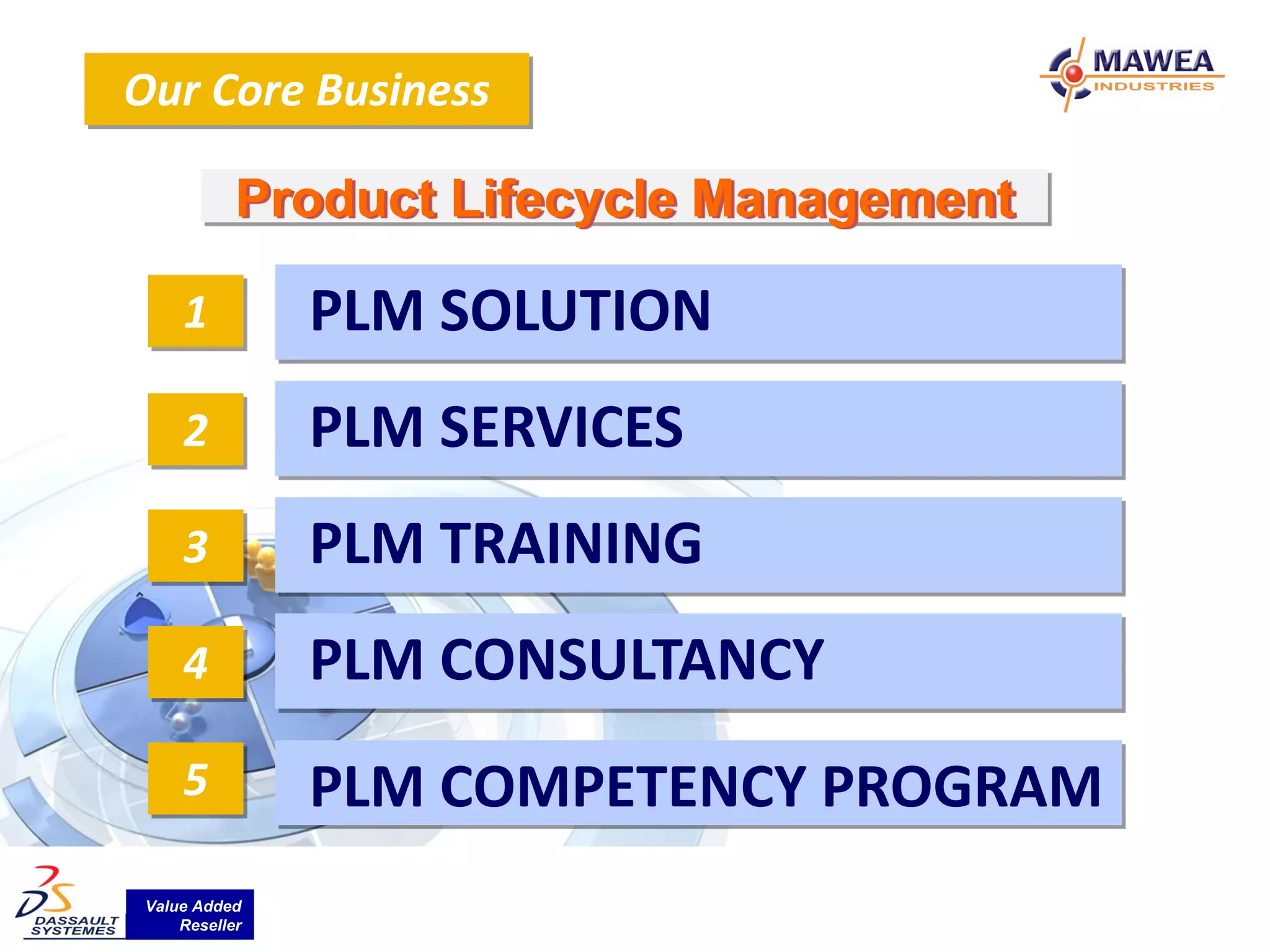 Our Core Business

           Product Lifecycle Management

    1          PLM SOLUTION
    2          PLM SERVICES
    3          PLM TRAINING
    4          PLM CONSULTANCY
    5          PLM COMPETENCY PROGRAM
Value Added
    Reseller
 