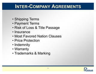 20
INTER-COMPANY AGREEMENTS
 Shipping Terms
 Payment Terms
 Risk of Loss & Title Passage
 Insurance
 Most Favored Nat...