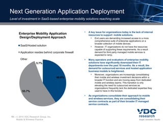 Next Generation Application Deployment
Level of investment in SaaS-based enterprise mobility solutions reaching scale



                                                          •   A key issue for organizations today is the lack of internal
         Enterprise Mobility Application                      resources to support mobile solutions.
         Design/Deployment Approach                               End users are demanding increased access to a more
                                                                   comprehensive suite of enterprise applications on a
                                                                   broader collection of mobile devices.
          SaaS/Hosted solution                                    However, IT organizations do not have the resources
                                                                   capable of supporting these requirements. As a result
          Application resides behind corporate firewall            demand for third party managed mobile services is
                                                                   expected to ramp.
          Other                                           •   Many operators and evaluators of enterprise mobility
                        5.7%                                  solutions have significantly downsized their IT
                                                              departments over the past 18 months. As a result, the
                                                              demand for outsourced services and hosted application
                                                              business models is heightened.
                                                                  Moreover, organizations are increasingly consolidating
                                        40.6%                      their mobile and wireless investment decisions within a
                                                                   broader IT function and are moving away from dedicated
                                                                   mobile and wireless teams. This transition is only
                                                                   elevating the need for outsourced services as
                                                                   organizations frequently lack the dedicated expertise they
            53.7%                                                  used to have in this function.

                                                          •   As organizations consolidate their approach to mobile
                                                              and wireless services, they are consolidating their
                                                              service contracts as part of their broader IT managed
                                                              service contracts.




19 –    2010 VDC Research Group, Inc.
       Mobile & Wireless Practice
 