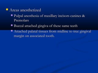 

Areas anesthetized
Pulpal anesthesia of maxillary incisors canines &
Premolars
 Buccal attached gingiva of these same teeth
 Attached palatal tissues from midline to tree gingival
margin on associated tooth.


 