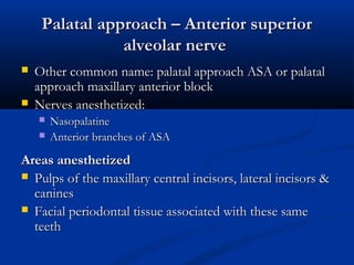 Palatal approach – Anterior superior
alveolar nerve



Other common name: palatal approach ASA or palatal
approach maxillary anterior block
Nerves anesthetized:



Nasopalatine
Anterior branches of ASA

Areas anesthetized
 Pulps of the maxillary central incisors, lateral incisors &
canines
 Facial periodontal tissue associated with these same
teeth

 