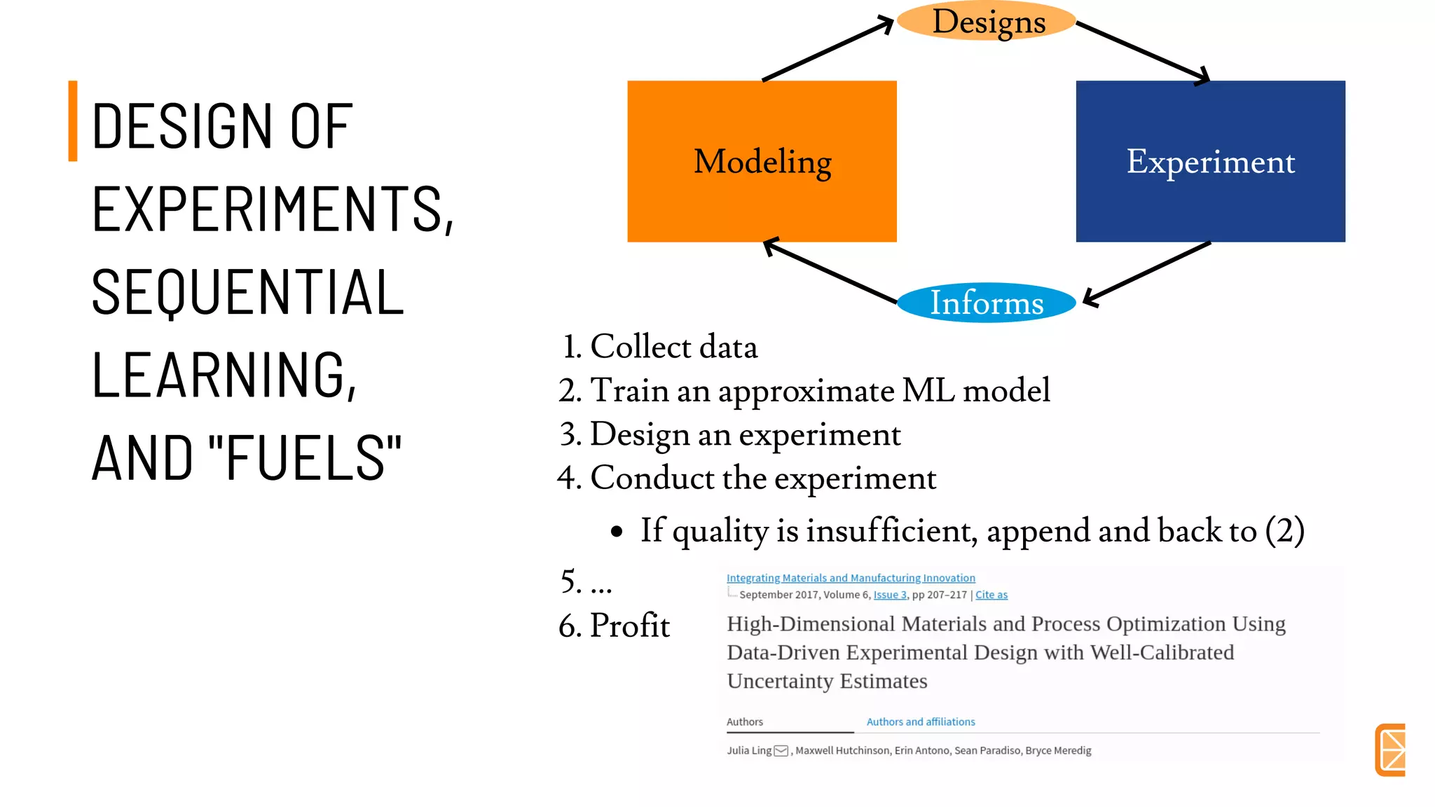 DESIGN OFDESIGN OF
EXPERIMENTS,EXPERIMENTS,
SEQUENTIALSEQUENTIAL
LEARNING,LEARNING,
AND "FUELS"AND "FUELS"
1. Collect data
2. Train an approximate ML model
3. Design an experiment
4. Conduct the experiment
If quality is insufficient, append and back to (2)
5. ...
6. Profit
Modeling Experiment
Designs
Informs
 
