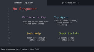 1
2
3
4
5
6
7
8
9
10
11
12
13
14
Give at least a week,
then politely
follow-up
They are volunteers with
other commitments
Patience is Key Try Again
A polite nudge
often works
Reach out through
other channels
Seek Help Check Socials
No Response
contributing.swift portfolio.swift
From Consumer to Creator – Max Cobb
 
