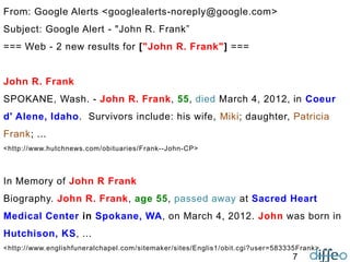 7
From: Google Alerts <googlealerts-noreply@google.com>
Subject: Google Alert - "John R. Frank”
=== Web - 2 new results for ["John R. Frank"] ===
John R. Frank
SPOKANE, Wash. - John R. Frank, 55, died March 4, 2012, in Coeur
d' Alene, Idaho. Survivors include: his wife, Miki; daughter, Patricia
Frank; ...
<http://www.hutchnews.com/obituaries/Frank--John-CP>
In Memory of John R Frank
Biography. John R. Frank, age 55, passed away at Sacred Heart
Medical Center in Spokane, WA, on March 4, 2012. John was born in
Hutchison, KS, ...
<http://www.englishfuneralchapel.com/sitemaker/sites/Englis1/obit.cgi?user=583335Frank>
 
