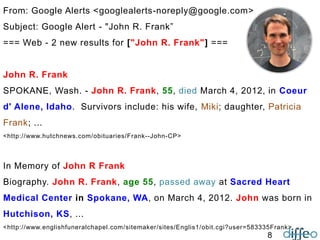 8
From: Google Alerts <googlealerts-noreply@google.com>
Subject: Google Alert - "John R. Frank”
=== Web - 2 new results for ["John R. Frank"] ===
John R. Frank
SPOKANE, Wash. - John R. Frank, 55, died March 4, 2012, in Coeur
d' Alene, Idaho. Survivors include: his wife, Miki; daughter, Patricia
Frank; ...
<http://www.hutchnews.com/obituaries/Frank--John-CP>
In Memory of John R Frank
Biography. John R. Frank, age 55, passed away at Sacred Heart
Medical Center in Spokane, WA, on March 4, 2012. John was born in
Hutchison, KS, ...
<http://www.englishfuneralchapel.com/sitemaker/sites/Englis1/obit.cgi?user=583335Frank>
 