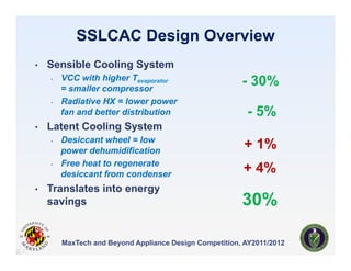SSLCAC Design Overview
•    Sensible Cooling System
     •    VCC with higher Tevaporator
          = smaller compressor
 ...