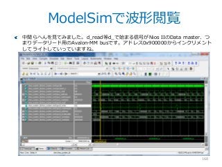 ModelSimで波形閲覧
168
中間らへんを見てみました。d_read等d_で始まる信号がNios IIのData master、つ
まりデータリード用のAvalon-MM busです。アドレス0x900000からインクリメント
してライト...
