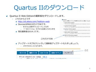 Quartus IIのダウンロード
8
Quartus II Web Editionの最新版をダウンロードします。
– こちらからどうぞ
http://dl.altera.com/?edition=web
DevicesはMAX10だけでOKで...