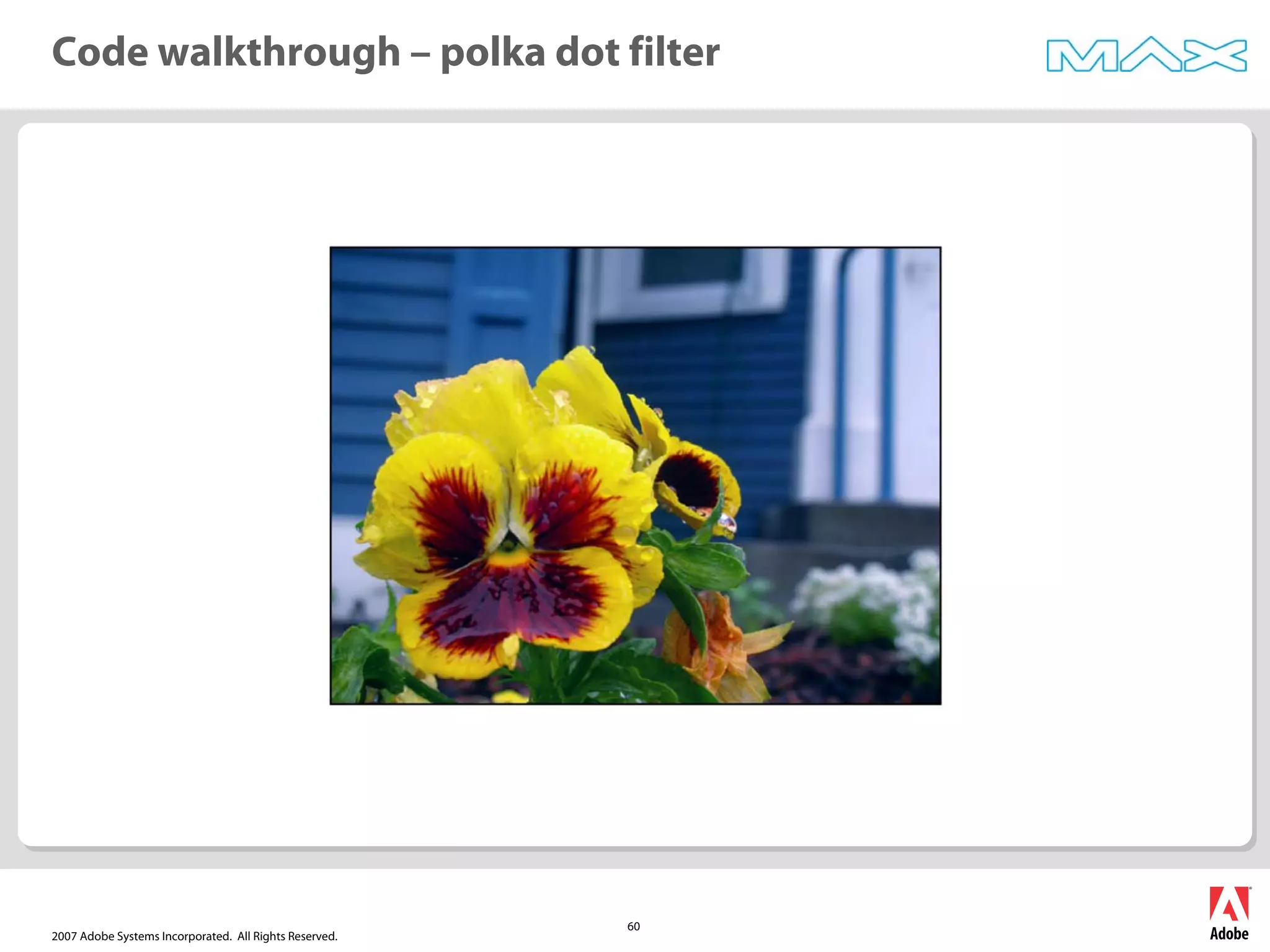 2007 Adobe Systems Incorporated. All Rights Reserved.
60
Code walkthrough – polka dot filter
 