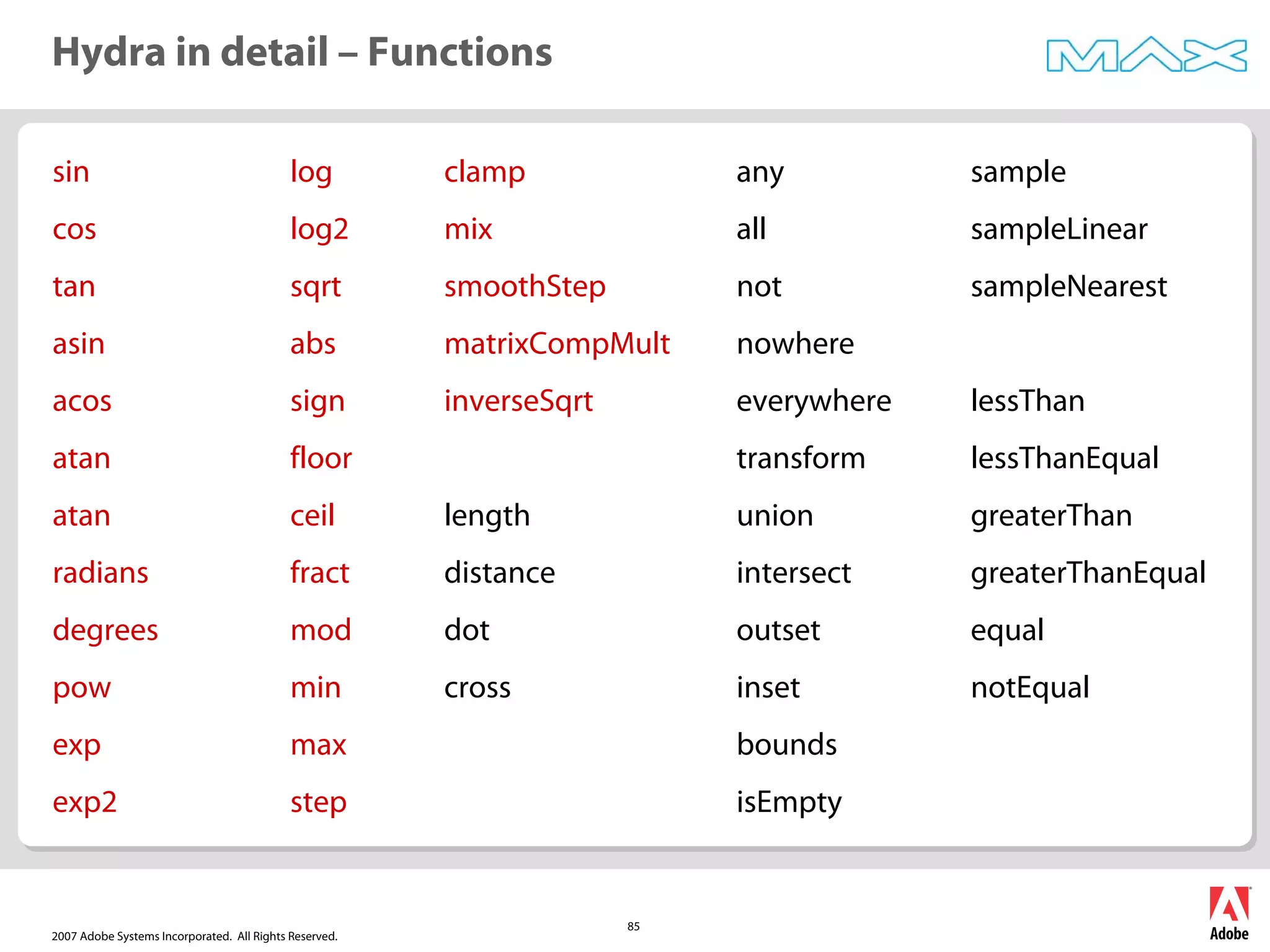 2007 Adobe Systems Incorporated. All Rights Reserved.
85
Hydra in detail – Functions
sin
cos
tan
asin
acos
atan
atan
radians
degrees
pow
exp
exp2
log
log2
sqrt
abs
sign
floor
ceil
fract
mod
min
max
step
clamp
mix
smoothStep
matrixCompMult
inverseSqrt
length
distance
dot
cross
any
all
not
nowhere
everywhere
transform
union
intersect
outset
inset
bounds
isEmpty
sample
sampleLinear
sampleNearest
lessThan
lessThanEqual
greaterThan
greaterThanEqual
equal
notEqual
 
