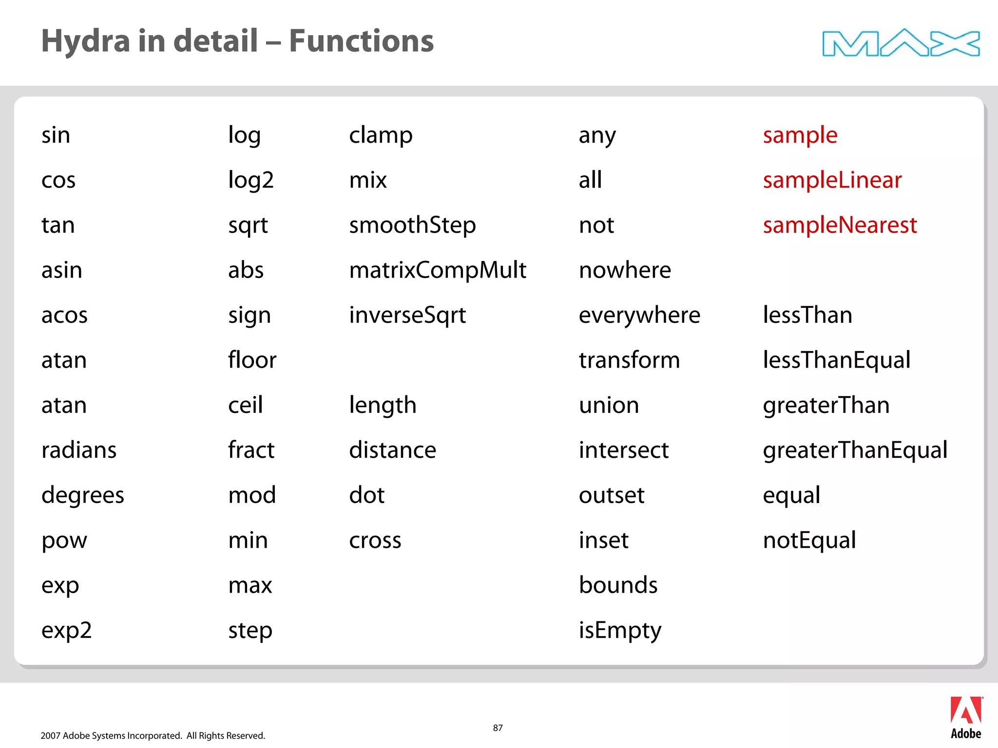 2007 Adobe Systems Incorporated. All Rights Reserved.
87
Hydra in detail – Functions
sin
cos
tan
asin
acos
atan
atan
radians
degrees
pow
exp
exp2
log
log2
sqrt
abs
sign
floor
ceil
fract
mod
min
max
step
clamp
mix
smoothStep
matrixCompMult
inverseSqrt
length
distance
dot
cross
any
all
not
nowhere
everywhere
transform
union
intersect
outset
inset
bounds
isEmpty
sample
sampleLinear
sampleNearest
lessThan
lessThanEqual
greaterThan
greaterThanEqual
equal
notEqual
 