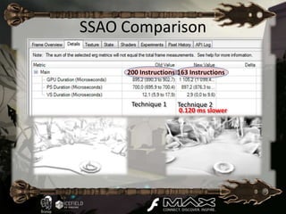 SSAO Comparison

     200 Instructions 163 Instructions



      Technique 1     Technique 2
                      0.120 ms slower
 