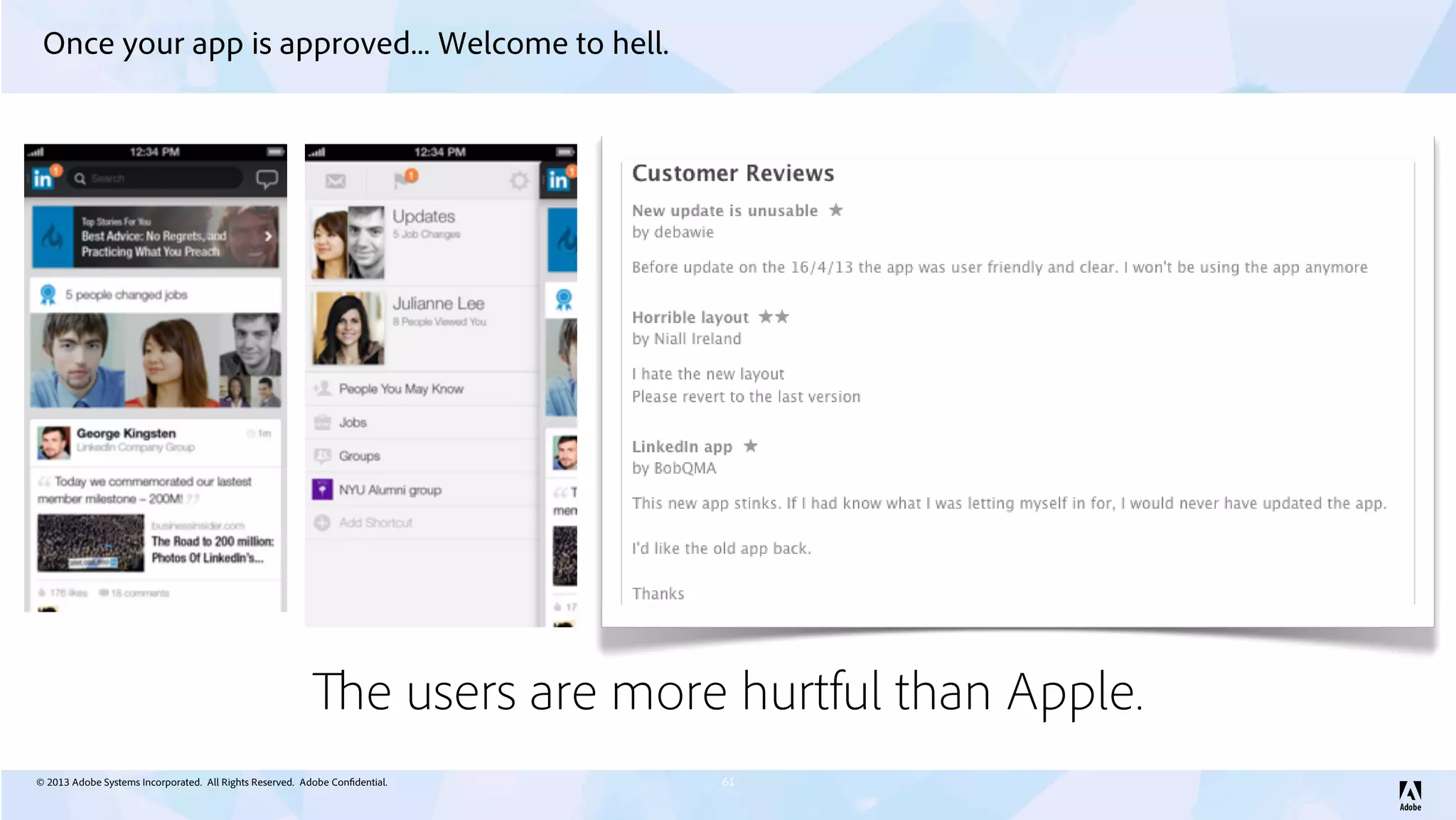 © 2013 Adobe Systems Incorporated. All Rights Reserved. Adobe Confidential.
Once your app is approved... Welcome to hell.
61
The users are more hurtful than Apple.
 