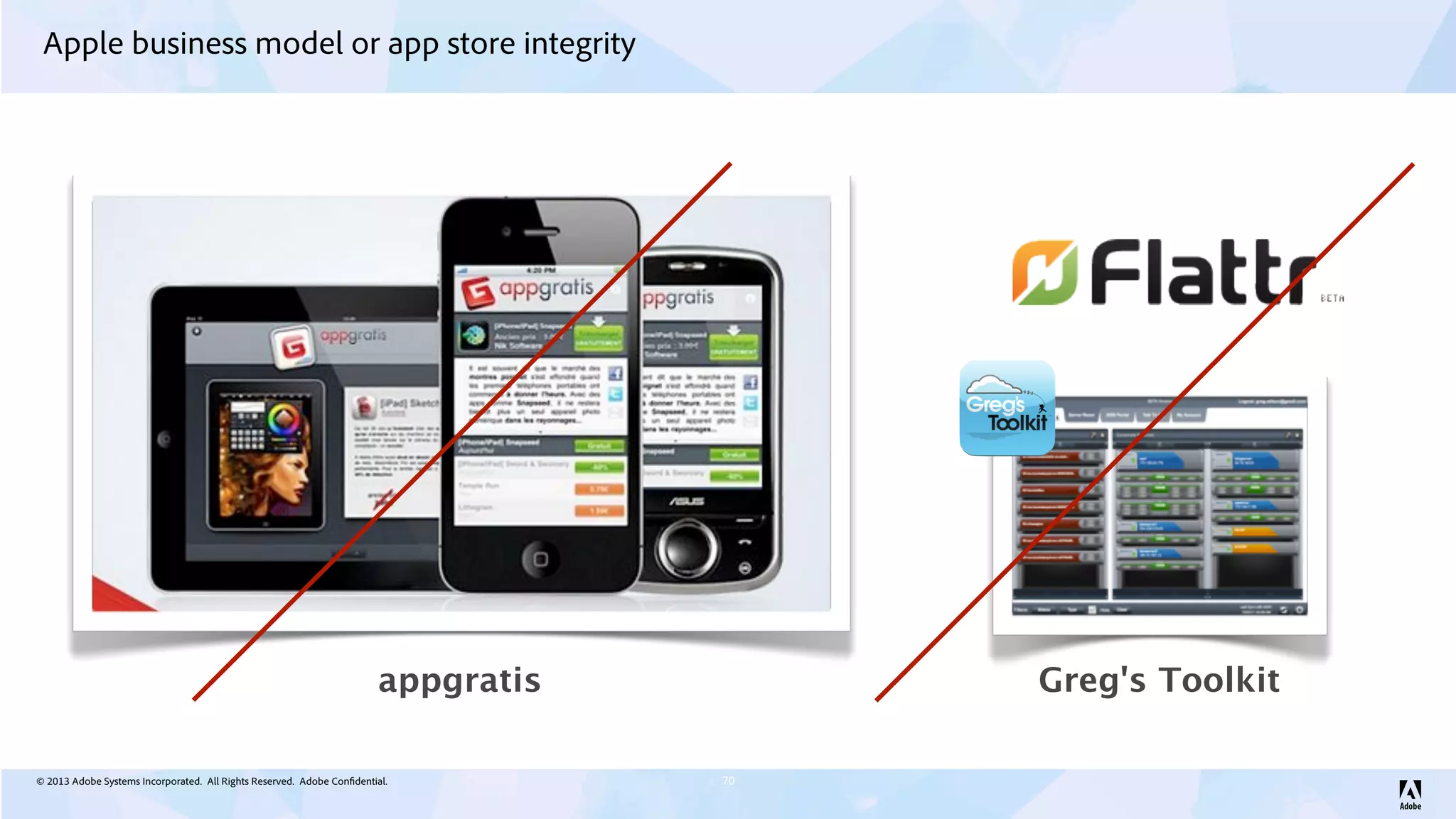 © 2013 Adobe Systems Incorporated. All Rights Reserved. Adobe Confidential.
Apple business model or app store integrity
70
Greg's Toolkitappgratis
 