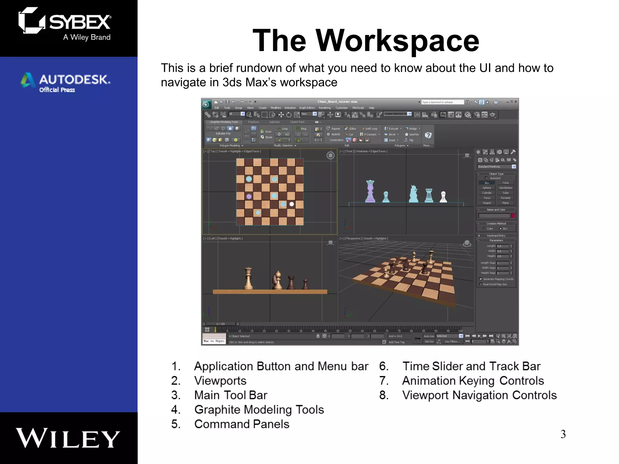 The Workspace
3
This is a brief rundown of what you need to know about the UI and how to
navigate in 3ds Max’s workspace
 