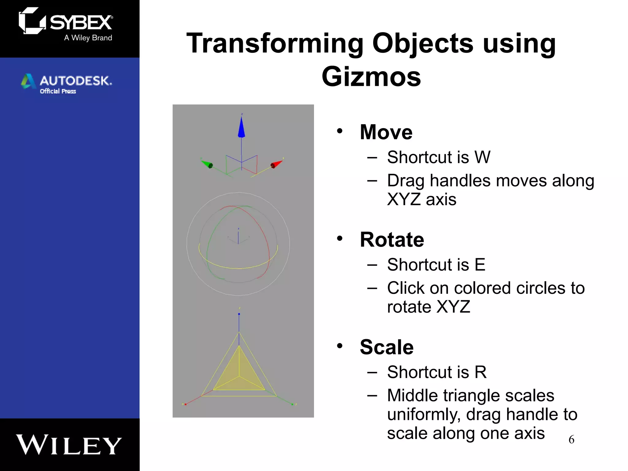 Transforming Objects using
Gizmos
• Move
– Shortcut is W
– Drag handles moves along
XYZ axis
• Rotate
– Shortcut is E
– Click on colored circles to
rotate XYZ
• Scale
– Shortcut is R
– Middle triangle scales
uniformly, drag handle to
scale along one axis 6
 