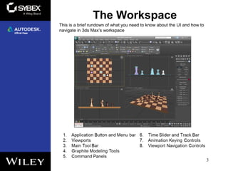 The Workspace
3
This is a brief rundown of what you need to know about the UI and how to
navigate in 3ds Max’s workspace
 
