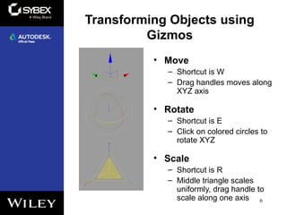 Transforming Objects using
Gizmos
• Move
– Shortcut is W
– Drag handles moves along
XYZ axis
• Rotate
– Shortcut is E
– Click on colored circles to
rotate XYZ
• Scale
– Shortcut is R
– Middle triangle scales
uniformly, drag handle to
scale along one axis 6
 