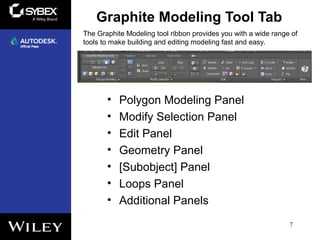 Graphite Modeling Tool Tab
• Polygon Modeling Panel
• Modify Selection Panel
• Edit Panel
• Geometry Panel
• [Subobject] Panel
• Loops Panel
• Additional Panels
7
The Graphite Modeling tool ribbon provides you with a wide range of
tools to make building and editing modeling fast and easy.
 