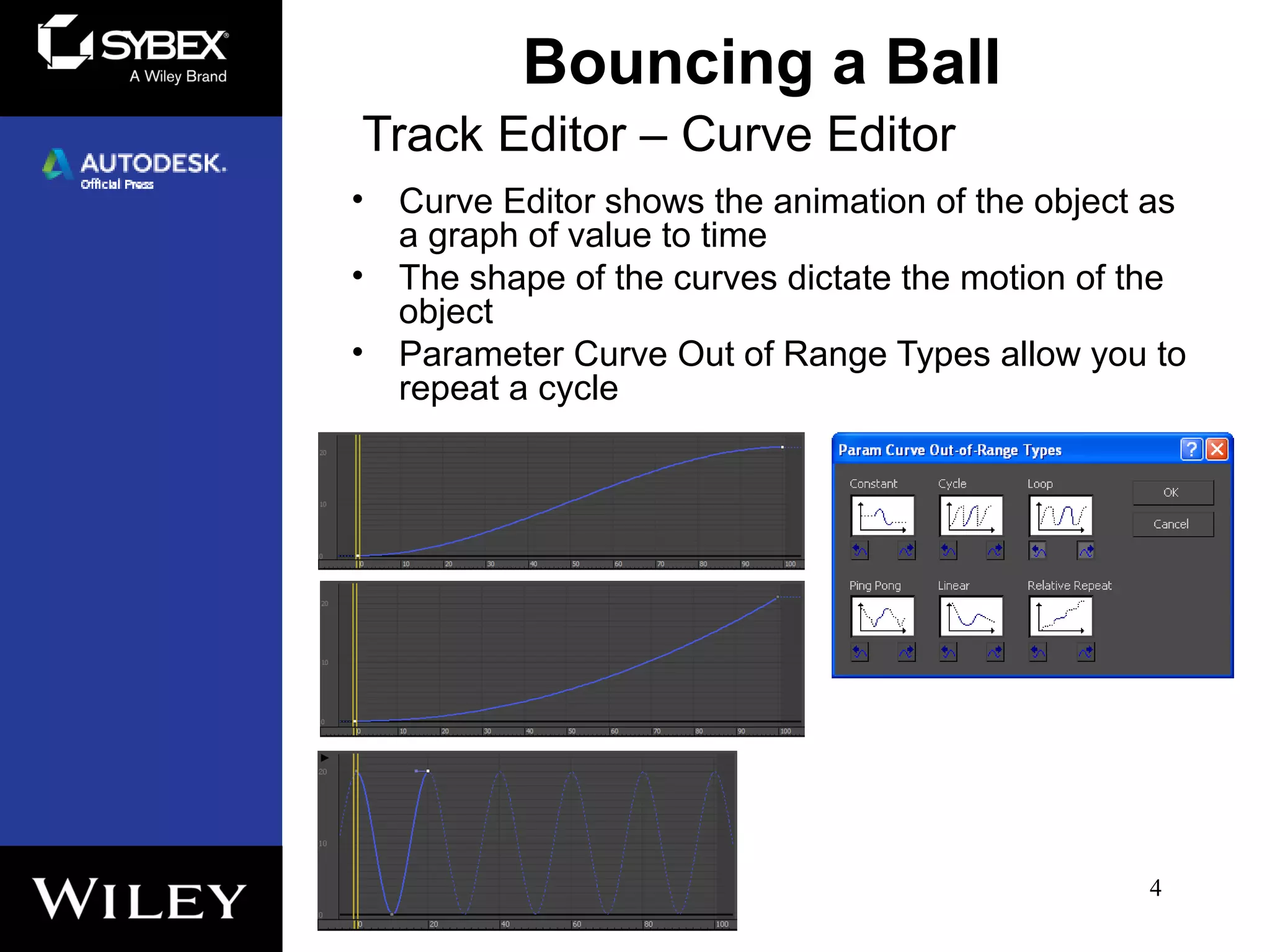 Track Editor – Curve Editor
• Curve Editor shows the animation of the object as
a graph of value to time
• The shape of the curves dictate the motion of the
object
• Parameter Curve Out of Range Types allow you to
repeat a cycle
4
Bouncing a Ball
 