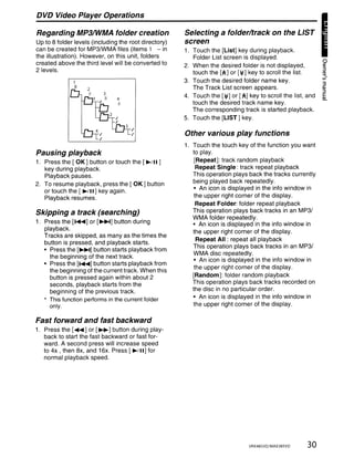 DVD Video Player Operations

Regarding MP3IWMA folder creation                      Selecting a folder/track on the LIST                    •
up to 8 folder levels (including the root directory)   screen
can be created for MP3IWMA files (items 1 - in         1. Touch the [List) key during playback.
the illustration). However, on this unit, folders         Folder List screen is displayed.
created above the third level will be converted to                                                           o
                                                       2. When the desired folder is not displayed,          ~
2 levels.                                                 touch the [A] or [~] key to scroll the list.       ~
                                                       3. Touch the desired folder name key.                 3
                                                                                                             "".


                                                          The Track List screen appears.                     nI
                                                                                                             ::l
                                                       4. Touch the [~] or [A] key to scroll the list, and   C
                                                                                                             ~
                                                          touch the desired track name key.
                                                          The corresponding track is started playback.
                                                       5. Touch the [LIST] key.

                                                       Other various play functions
                                                       1. Touch the touch key of the function you want
Pausing playback                                          to play.
1. Press the [ OK] button or touch the [ ~/ II ]           [Repeat): track random playback
   key during playback.                                     Repeat Single: track repeat playback
   Playback pauses.                                       This operation plays back the tracks currently
2. To resume playback, press the [ OK] button             being played back repeatedly.
   or touch the [ ~!II) key again.                         • An icon is displayed in the info window in
   Playback resumes.                                       the upper right corner of the display.
                                                            Repeat Folder: folder repeat playback
Skipping a track (searching)                              This operation plays back tracks in an MP31
                                                          WMA folder repeatedly.
1. Press the [~] or [~] button during                     • An icon is displayed in the info window in
   playback.                                              the upper right corner of the display.
   Tracks are skipped, as many as the times the
                                                            Repeat All : repeat all playback
   button is pressed, and playback starts.
                                                          This operation plays back tracks in an MP31
   • Press the [~) button starts playback from
                                                          WMA disc repeatedly.
     the beginning of the next track.
                                                          • An icon is displayed in the info window in
   • Press the [~] button starts playback from
                                                           the upper right corner of the display.
     the beginning of the current track. When this
     button is pressed again within about 2               [Random]: folder random playback
     seconds, playback starts from the                    This operation plays back tracks recorded on
     beginning of the previous track.                     the disc in no particular order.
   * This function performs in the current folder         • An icon is displayed in the info window in
     only.                                                the upper right corner of the display.

Fast forward and fast backward
1. Press the [.... ) or [~) button during play-
   back to start the fast backward or fast for-
   ward. A second press will increase speed
   to 4x , then 8x, and 16x. Press [ ~/ II] for
   normal playback speed.




                                                                                VRX485VD/MAX385VD      30
 