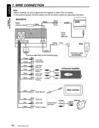 7. WIRE CONNECTION
 Note:
 • Before installing, be sure to disconnect the negative cable of the car battery.                e
 • In the optional devices, the RCA cables and the Connector cables are separately-sold items.

     MAX385VD
                                                       Black                                                                                     SIRlusii
                                       Black
     Radio                           rr=:~=====!llillil_tI1!, •••••• fip=i1                                                                      SATEWTE RADIO


     Antenna Jack IC=JI::ydB~la~c~kb=#=ll              Sirius

                                                                                                                                             '---------'
           I 1111111
                                                                                                                        Sirius

          @
                                                                                                                      !

                                                                                                                      I tuner
                                                                                                                      : (SC-C1)


                                                                                                 White                                                                  l




                                                                                                                                                                   i
                                                                                                                                                            iPod
     -                  t                                                              ==lIII[
                                                                                                                                                                   D:
         1111I

                     w                                          White

                           ,.__._._._•• Refer to the following page
                      Purole         ~
                                                                                                                                        Connector cable
                                                                                                                                         (CCUIPOD1)
                                                                                                                                                                   @~

                                      -
                                     ~te
                                                Line Out
                      PurDie                    Subwoofer
         IIII'rTi
                                      -
                                      111I1


                      Gray           ~      Line Out

                      Gray
                                     -      RearR
                                     ~te Line Out
                                                            !
                                                            I
                                                            I
                                                                --       ---- ----------- - ------ --- ---
                                                                                                                          4-Channel Amplifier

                      Black
                                     ..l.L- RearL
                                     ~ Line Out
                                     --
                                                            •
                                                            ,
                                                            !
                                                                :J=====C:
                                                                :J===t::
                                                            I
                                            Front R         !
                      Black          ~e Line Out
                                     --         Front L
                                                            g
                                                                ~
                                                                   - -  ...    "'"           ,'" '."




                                                                    I
                                                                        --    "'"    "" ""   ~         -       ~.
                                                                                                                                   -- - - - -- -- - - - -

                      Black
         1!#=~======tIlII(_lJEDLJ
                                     ~ow Rear Monitor               :
                                                                    !~
                                                                                                   ~                                Rear monitor
                                                                    I
                                                                    I
                                                                                                                    _ _ _ _ _ _ _ _ _ _ _ _ _ _ _ _ _ _ _ J!



           l!= =:=:=:= -:I ~rnl]:dlilile. :~: ::~ ~isu-a~i:~)
                                     -
                                                                    )-
                                                                             terminal                      !

                      BI    k        Yellow                                                                I
         l!====a:::::c=::::lIII(:JTi]lill'LLD   AUX In Video                                               !
                                                                                                           I
                                                                                                           , __.               -     __ 0    '               ... _.0.




43       VRX485VD/MAX385VD
 