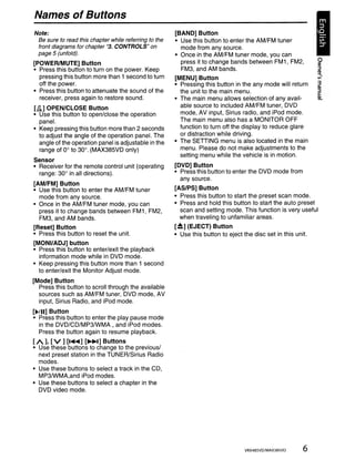 Names of Buttons
Note:                                                  [BAND] Button
 Be sure to read this chapter while referring to the   • Use this button to enter the AM/FM tuner
 front diagrams for chapter "3. CONTROLS" on             mode from any source.
 page 5 (unfold).                                      • Once in the AM/FM tuner mode, you can
[POWER/MUTE] Button                                      press it to change bands between FM1, FM2,
• Press this button to turn on the power. Keep           FM3, and AM bands.
  pressing this button more than 1 second to turn      [MENU] Button
  off the power.                                       • Pressing this button in the any mode will return
• Press this button to attenuate the sound of the        the unit to the main menu.
  receiver, press again to restore sound.              • The main menu allows selection of any avail-
[D.d OPEN/CLOSE Button                                   able source to included AMiFM tuner, DVD
• Use this button to open/close the operation            mode, AV input, Sirius radio, and iPod mode.
  panel.                                                 The main menu also has a MONITOR OFF
• Keep pressing this button more than 2 seconds          function to turn off the display to reduce glare
  to adjust the angle of the operation panel. The        or distraction while driving.
  angle of the operation panel is adjustable in the    • The SETIING menu is also located in the main
  range of 0° to 30°. (MAX385VD only)                    menu. Please do not make adjustments to the
                                                         setting menu while the vehicle is in motion.
Sensor
• Receiver for the remote control unit (operating      [DVD] Button
  range: 30° in all directions).                       • Press this button to enter the DVD mode from
                                                         any source.
[AM/FM] Button
• Use this button to enter the AM/FM tuner             [AS/PS] Button
  mode from any source.                                • Press this button to start the preset scan mode.
• Once in the AM/FM tuner mode, you can                • Press and hold this button to start the auto preset
  press it to change bands between FM1, FM2,             scan and setting mode. This function is very useful
  FM3, and AM bands.                                     when traveling to unfamiliar areas.
[Reset] Button                                         [~] (EJECT) Button
• Press this button to reset the unit.                 • Use this button to eject the disc set in this unit.
[MONI/ADJ] button
• Press this button to enter/exit the playback
  information mode while in DVD mode.
• Keep pressing this button more than 1 second
  to enter/exit the Monitor Adjust mode.
[Mode] Button
  Press this button to scroll through the available
  sources such as AM/FM tuner, DVD mode, AV
  input, Sirius Radio, and iPod mode.
[~!II] Button
• Press this button to enter the play pause mode
  in the DVD/CD/MP3IWMA , and iPod modes.
  Press the button again to resume playback.
[A], [V] [..... ] [~] Buttons
• Use these buttons to change to the previous/
  next preset station in the TUNER/Sirius Radio
  modes.
• Use these buttons to select a track in the CD,
  MP3IWMA,and iPod modes.
• Use these buttons to select a chapter in the
  DVD video mode.




                                                                                  VRX485VD/MAX385VD       6
 