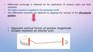 • Differential anchorage is obtained by the application of unequal alpha and beta
moments.
• The higher moment is applied to the anchorage teeth.
• The differential moments are obtained by applying the concept of the off-centered
position.
• Opposite vertical forces of greater magnitude
• Greater moment on shorter arm.
 