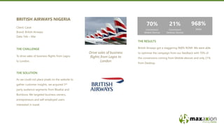 THE CHALLENGE
70%
Conversions
Mobile Devices
21%
Conversions
Desktop Devices
968%
ROMI
As we could not place pixels on the website to
gather customer insights, we acquired 3rd
party audience segments from BlueKai and
Bombora. We targeted business owners,
entrepreneurs and self-employed users
interested in travel.
THE SOLUTION
Drive sales of business
flights from Lagos to
London
THE RESULTS
To drive sales of business flights from Lagos
to London.
BRITISH AIRWAYS NIGERIA
Client: Carat
Brand: British Airways
Date: Feb – Mar
British Airways got a staggering 968% ROMI. We were able
to optimise the campaign from our feedback with 70% of
the conversions coming from Mobile devices and only 21%
from Desktop.
 