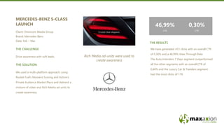 THE RESULTS
THE CHALLENGE
THE SOLUTION
We used a multi-platform approach; using
Rocket Fuel’s Moment Scoring and AdJoin’s
Private Audience Market Place and deliverd a
mixture of video and Rich Media ad-units to
create awareness.
We have generated 413 clicks with an overall CTR
of 0,30% and a 46,99% View Through Rate.
The Auto Intenders 7 Days segment outperformed
all the other segments with an overall CTR of
0,48% and the Luxury Car & Travelers segment
had the most clicks of 179.
Drive awareness with soft leads.
Client: Omnicom Media Group
Brand: Mercedes-Benz
Date: Feb – Mar
MERCEDES-BENZ S-CLASS
LAUNCH 0,30%
CTR
46,99%
VTR
Rich Media ad-units were used to
create awareness
 