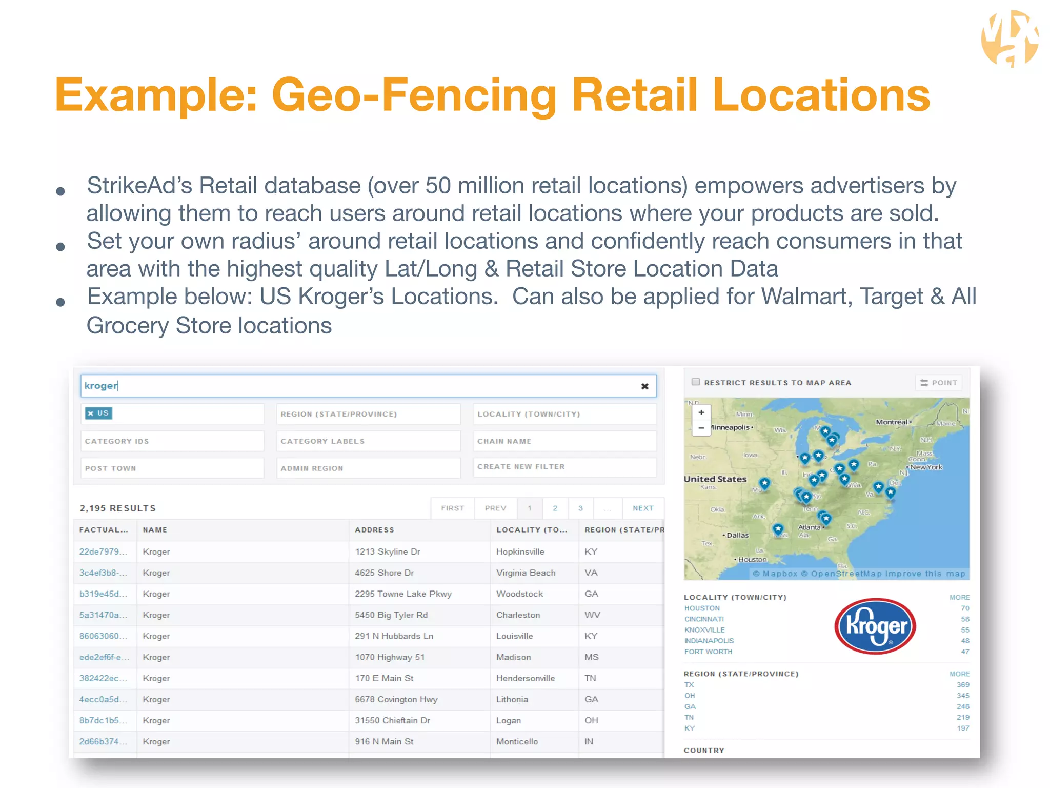 Example: Geo-Fencing Retail Locations 
• StrikeAd’s Retail database (over 50 million retail locations) empowers advertisers by 
allowing them to reach users around retail locations where your products are sold. 
• Set your own radius’ around retail locations and confidently reach consumers in that 
area with the highest quality Lat/Long & Retail Store Location Data 
• Example below: US Kroger’s Locations. Can also be applied for Walmart, Target & All 
Grocery Store locations 
 