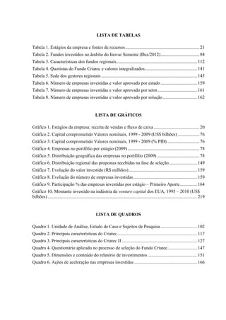 LISTA DE TABELAS
Tabela 1. Estágios da empresa e fontes de recursos.................................................................21
Tabela 2. Fundos investidos no âmbito do Inovar Semente (Dez/2012)..................................84
Tabela 3. Características dos fundos regionais.......................................................................112
Tabela 4. Quotistas do Fundo Criatec e valores integralizados..............................................141
Tabela 5. Sede dos gestores regionais ....................................................................................145
Tabela 6. Número de empresas investidas e valor aprovado por estado ................................159
Tabela 7. Número de empresas investidas e valor aprovado por setor...................................161
Tabela 8. Número de empresas investidas e valor aprovado por solução ..............................162
LISTA DE GRÁFICOS
Gráfico 1. Estágios da empresa: receita de vendas e fluxo de caixa ........................................20
Gráfico 2. Capital comprometido Valores nominais, 1999 - 2009 (US$ bilhões) ...................76
Gráfico 3. Capital comprometido Valores nominais, 1999 - 2009 (% PIB) ............................76
Gráfico 4. Empresas no portfólio por estágio (2009)...............................................................78
Gráfico 5. Distribuição geográfica das empresas no portfólio (2009) .....................................78
Gráfico 6. Distribuição regional das propostas recebidas na fase de seleção.........................149
Gráfico 7. Evolução do valor investido (R$ milhões)............................................................159
Gráfico 8. Evolução do número de empresas investidas........................................................159
Gráfico 9. Participação % das empresas investidas por estágio – Primeiro Aporte...............164
Gráfico 10. Montante investido na indústria de venture capital dos EUA, 1995 – 2010 (US$
bilhões) ...................................................................................................................................219
LISTA DE QUADROS
Quadro 1. Unidade de Análise, Estudo de Caso e Sujeitos de Pesquisa ................................102
Quadro 2. Principais características do Criatec......................................................................117
Quadro 3. Principais características do Criatec II ..................................................................127
Quadro 4. Questionário aplicado no processo de seleção do Fundo Criatec..........................147
Quadro 5. Dimensões e conteúdo do relatório de investimentos ...........................................151
Quadro 6. Ações de aceleração nas empresas investidas .......................................................166
 