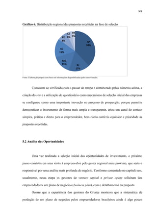 149
Gráfico 6. Distribuição regional das propostas recebidas na fase de seleção
Fonte: Elaboração própria com base em informações disponiblizadas pelos entrevistados.
Consoante ao verificado com o passar do tempo e corroborado pelos números acima, a
criação do site e a utilização do questionário como mecanismo de seleção inicial das empresas
se configurou como uma importante inovação no processo de prospecção, porque permitiu
democratizar o instrumento de forma mais ampla e transparente, criou um canal de contato
simples, prático e direto para o empreendedor, bem como conferiu equidade e prioridade às
propostas recebidas.
5.2 Análise das Oportunidades
Uma vez realizada a seleção inicial das oportunidades de investimento, o próximo
passo consistia em uma visita à empresa-alvo pelo gestor regional mais próximo, que seria o
responsável por uma análise mais profunda do negócio. Conforme comentado no capítulo um,
usualmente, nessa etapa os gestores de venture capital e private equity solicitam dos
empreendedores um plano de negócios (business plan), com o detalhamento da proposta.
Ocorre que a experiência dos gestores do Criatec mostrava que a sistemática de
produção de um plano de negócios pelos empreendedores brasileiros ainda é algo pouco
SP
38%
RJ
17%
MG
15%
SC
15%
PE
8%
CE
4%
PA
3%
 