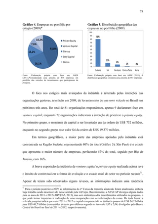 78
Gráfico 4. Empresas no portfólio por
estágio (2009)*
Fonte: Elaboração própria com base em ABDI
(2011).*Considerando uma amostra de 436 empresas em
portfólio dos veículos de investimento que participaram da
pesquisa.
Gráfico 5. Distribuição geográfica das
empresas no portfólio (2009)
Fonte: Elaboração própria com base em ABDI (2011). A
distribuição geográfica considera uma amostra de 484 empresas.
O foco nos estágios mais avançados da indústria é reiterado pelas intenções das
organizações gestoras, reveladas em 2009, de levantamento de um novo veículo no Brasil nos
próximos três anos. Do total de 81 organizações respondentes, apenas 9 declararam foco em
venture capital, enquanto 72 organizações indicaram a intenção de priorizar o private equity.
No primeiro grupo, o montante de capital a ser levantado era da ordem de US$ 732 milhões,
enquanto no segundo grupo esse valor foi da ordem de US$ 19.370 milhões.
Em termos geográficos, a maior parte das empresas apoiadas pela indústria está
concentrada na Região Sudeste, representando 80% do total (Gráfico 5). São Paulo é o estado
que apresenta o maior número de empresas, perfazendo 57% do total, seguido por Rio de
Janeiro, com 16%.
A breve exposição da indústria de venture capital e private equity realizada acima teve
o intuito de contextualizar a forma de evolução e o estado atual do setor no período recente71
.
Apesar de terem sido observados alguns reveses, as informações indicam uma tendência
71
Para o período posterior a 2009, as informações do 2° Censo da Indústria ainda não foram atualizadas, embora
haja trabalho sendo desenvolvido nesse sentido pela GVCepe. Recentemente, a ABVCAP divulgou alguns dados
para os anos de 2011 e 2012 (ABVCAP, 2013), mas sem indicativos dos procedimentos utilizados na pesquisa, o
que pode tornar impreciso a realização de uma comparação com as informações do censo. De toda forma, a
referida pesquisa indica que entre 2011 e 2012 o capital comprometido na indústria passou de US$ 34,2 bilhões
para US$ 40,7 bilhões (convertidos de reais para dólares segundo as taxas de 1,87 e 2,04, divulgadas pelo Banco
Central do Brasil no final de 2011 e 2012, respectivamente).
43,0%
26,1%
13,2%
7,6%
10,2% PrivateEquity
Venture Capital
Startup
Seed Capital
Outros
80%
11%
6%
1% 0%
0%
10%
20%
30%
40%
50%
60%
70%
80%
90%
100%
Sudeste Sul Nordeste Centro-Oeste Norte
 