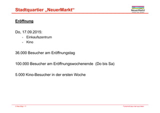Stadtquartier „NeuerMarkt“
Eröffnung
D 17 09 2015Do, 17.09.2015:
- Einkaufszentrum
- Kino
36.000 Besucher am Eröffnungstag
100.000 Besucher am Eröffnungswochenende (Do bis Sa)
5.000 Kino-Besucher in der ersten Woche
Fortschritt baut man aus Ideen.© Max Bögl | 17
 