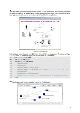 In facts there are 2 programming models used in TCP/IP applications. Non blocking means that
the application will not be blocked when the app socket read/write data. This is efficient, because
your app don't have to wait for connections. Unfortunately, it is complicated.
2: The Use Case of the App
Let’s get back to our Create in line 125. In line 131 and 132 you see port and IP address config of
a const in line 14, instead of IP you can set host name as a parameter.
126 with HTTPServer do begin
127 if Active then Free;
128 if not Active then begin
129 Bindings.Clear;
130 bindings.Add;
131 bindings.items[0].Port:= APORT;
132 bindings.items[0].IP:= GetHostIP; //IPADDR;'127.0.0.1' or 192.168.1.53'
133 Active:= true;
134 onCommandGet:= @HTTPServerGet;
135 PrintF('Listening HTTP on %s:%d.', [Bindings[0].IP,Bindings[0].Port]);
136 end;
Host names are "human-readable" names for IP addresses.
5
 
