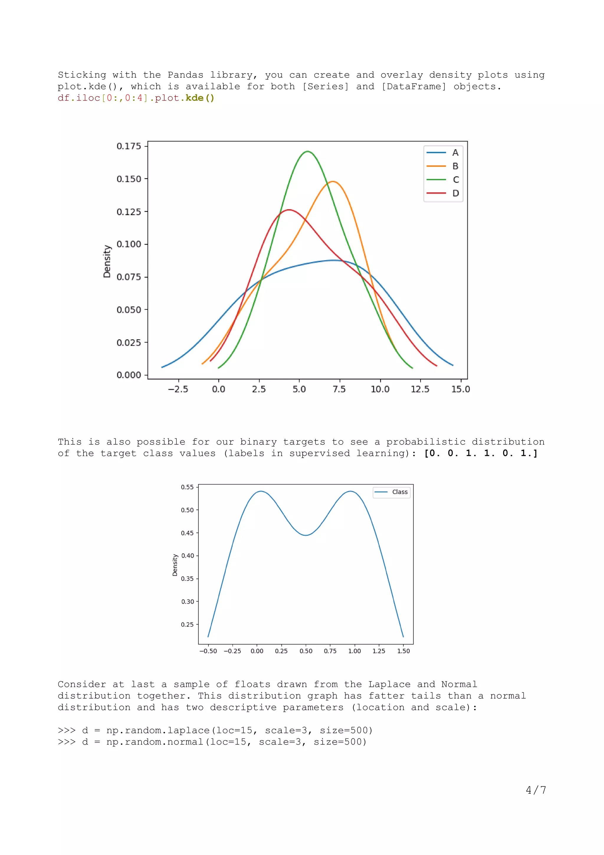 Sticking with the Pandas library, you can create and overlay density plots using
plot.kde(), which is available for both [Series] and [DataFrame] objects.
df.iloc[0:,0:4].plot.kde()
This is also possible for our binary targets to see a probabilistic distribution
of the target class values (labels in supervised learning): [0. 0. 1. 1. 0. 1.]
Consider at last a sample of floats drawn from the Laplace and Normal
distribution together. This distribution graph has fatter tails than a normal
distribution and has two descriptive parameters (location and scale):
>>> d = np.random.laplace(loc=15, scale=3, size=500)
>>> d = np.random.normal(loc=15, scale=3, size=500)
4/7
 