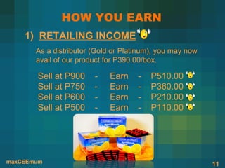 HOW YOU EARN
    1) RETAILING INCOME
       As a distributor (Gold or Platinum), you may now
       avail of our product for P390.00/box.

       Sell at P900     -    Earn    -   P510.00
       Sell at P750     -    Earn    -   P360.00
       Sell at P600     -    Earn    -   P210.00
       Sell at P500     -    Earn    -   P110.00




maxCEEmum                                                 11
 