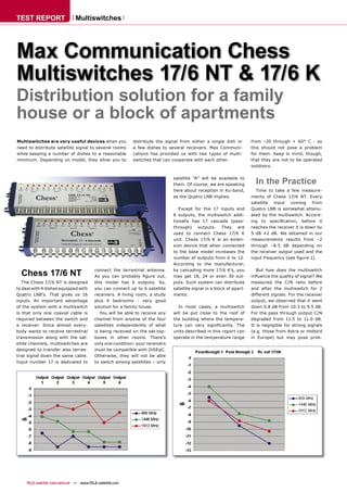 TEST REPORT                      Multiswitches




Max Communication Chess
Multiswitches 17/6 NT & 17/6 K
Distribution solution for a family
house or a block of apartments
Multiswitches are very useful devices when you                distribute the signal from either a single dish or         from –20 through + 60° C - so
need to distribute satellite signal to several rooms          a few dishes to several receivers. Max Communi-            this should not pose a problem
while keeping a number of dishes to a reasonable              cations has provided us with two types of multi-           for them. Keep in mind, though,
minimum. Depending on model, they allow you to                switches that can cooperate with each other.               that they are not to be operated
                                                                                                                         outdoors.

                                                                                 satellite “A” will be available to
                                                                                 them. Of course, we are speaking          In the Practice
                                                                                 here about reception in Ku-band,          Time to take a few measure-
                                                                                 as the Quatro LNB implies.              ments of Chess 17/6 NT. Every
                                                                                                                         satellite input coming from
                                                                                    Except for the 17 inputs and         Quatro LNB is somewhat attenu-
                                                                                 6 outputs, the multiswitch addi-        ated by the multiswitch. Accord-
                                                                                 tionally has 17 cascade (pass-          ing to speciﬁcation, before it
                                                                                 through) outputs. They are              reaches the receiver it is down by
                                                                                 used to connect Chess 17/6 K            5 dB ±2 dB. We obtained in our
                                                                                 unit. Chess 17/6 K is an exten-         measurements results from –2
                                                                                 sion device that when connected         through –8.5 dB depending on
                                                                                 to the base model increases the         the receiver output used and the
                                                                                 number of outputs from 6 to 12.         input frequency (see ﬁgure 1).
                                                                                 According to the manufacturer,

  Chess 17/6 NT                             connect the terrestrial antenna.
                                            As you can probably ﬁgure out,
                                                                                 by cascading more 17/6 K’s, you
                                                                                 may get 18, 24 or even 30 out-
                                                                                                                            But how does the multiswitch
                                                                                                                         inﬂuence the quality of signal? We
   The Chess 17/6 NT is designed            this model has 6 outputs. So,        puts. Such system can distribute        measured the C/N ratio before
to deal with 4 dishes equipped with         you can connect up to 6 satellite    satellite signal in a block of apart-   and after the multiswitch for 2
Quatro LNB’s. That gives us 16              receivers. A living room, a study    ments.                                  different signals. For the receiver
inputs. An important advantage              plus 4 bedrooms - very good                                                  output, we observed that it went
of the system with a multiswitch            solution for a family house.           In most cases, a multiswitch          down 0.8 dB from 10.3 to 9.5 dB.
is that only one coaxial cable is              You will be able to receive any   will be put close to the roof of        For the pass through output C/N
required between the switch and             channel from anyone of the four      the building where the tempera-         degraded from 11.5 to 11.0 dB.
a receiver. Since almost every-             satellites independently of what     ture can vary signiﬁcantly. The         It is negligible for strong signals
body wants to receive terrestrial           is being received on the set-top-    units described in this report can      (e.g. those from Astra or Hotbird
transmission along with the sat-            boxes in other rooms. There’s        operate in the temperature range        in Europe) but may pose prob-
ellite channels, multiswitches are          only one condition: your receivers
designed to transfer also terres-           must be compatible with DiSEqC.
trial signal down the same cable.           Otherwise, they will not be able
Input number 17 is dedicated to             to switch among satellites – only




     TELE-satellite International — www.TELE-satellite.com
 