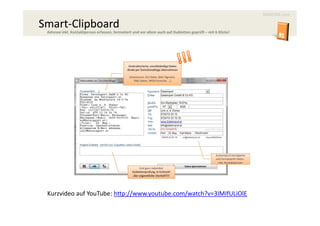 MAXCRM.com

Smart-
Smart-Clipboard
 Adresse inkl. Kontaktperson erfassen, formatiert und vor allem auch auf Dubletten geprüft – mit 6 Klicks!




                                                Unstrukturierte, unvollständige Daten
                                               direkt per Zwischenablage übernehmen

                                                (Impressum, XLS Datei, Mail Signatur,
                                                   XML Daten, WEB Formular, …)




                                                                                                  Automatisch korrigierte
                                                                                                  und formatierte Daten .
                                                                                                    Inkl. Kontaktperson
                                                       Und ganz nebenbei:
                                                  Dublettenprüfung. In Echtzeit!
                                                   Der eigentliche Vorteil!!!!




 Kurzvideo auf YouTube: http://www.youtube.com/watch?v=3IMIfULiOlE
 