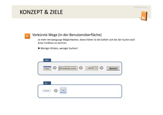 MAXCRM.com

KONZEPT & ZIELE


  5.   Verkürzte Wege (in der Benutzeroberfläche)
          Je mehr Verzweigungs Möglichkeiten, desto höher ist die Gefahr sich bei der Suche nach
          einer Funktion zu verirren.
          ►Weniger Klicken, weniger Suchen!



                früher




                neu
 
