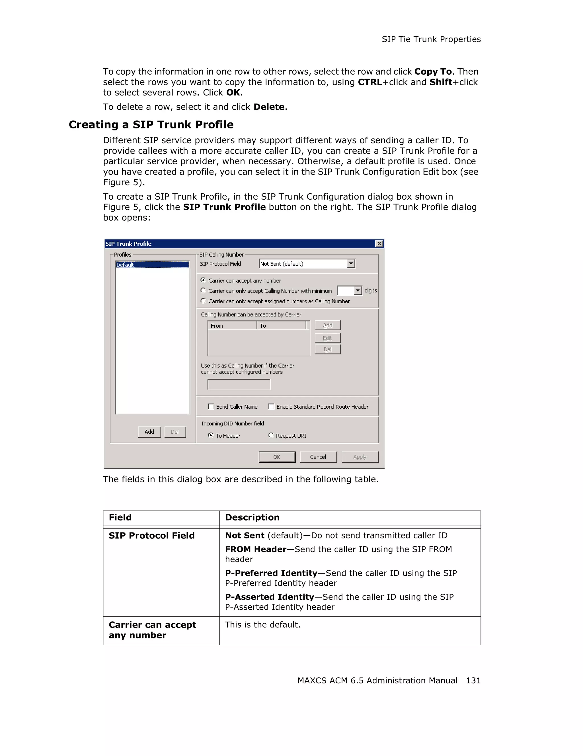 SIP Tie Trunk Properties



     To copy the information in one row to other rows, select the row and click Copy To. Then
     select the rows you want to copy the information to, using CTRL+click and Shift+click
     to select several rows. Click OK.
     To delete a row, select it and click Delete.

Creating a SIP Trunk Profile
     Different SIP service providers may support different ways of sending a caller ID. To
     provide callees with a more accurate caller ID, you can create a SIP Trunk Profile for a
     particular service provider, when necessary. Otherwise, a default profile is used. Once
     you have created a profile, you can select it in the SIP Trunk Configuration Edit box (see
     Figure 5).
     To create a SIP Trunk Profile, in the SIP Trunk Configuration dialog box shown in
     Figure 5, click the SIP Trunk Profile button on the right. The SIP Trunk Profile dialog
     box opens:




     The fields in this dialog box are described in the following table.



      Field                       Description

      SIP Protocol Field          Not Sent (default)—Do not send transmitted caller ID
                                  FROM Header—Send the caller ID using the SIP FROM
                                  header
                                  P-Preferred Identity—Send the caller ID using the SIP
                                  P-Preferred Identity header
                                  P-Asserted Identity—Send the caller ID using the SIP
                                  P-Asserted Identity header

      Carrier can accept          This is the default.
      any number




                                                     MAXCS ACM 6.5 Administration Manual 131
 